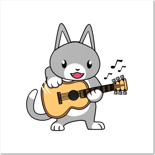 CAT PLAY GUITAR CARTOON Posters and Art